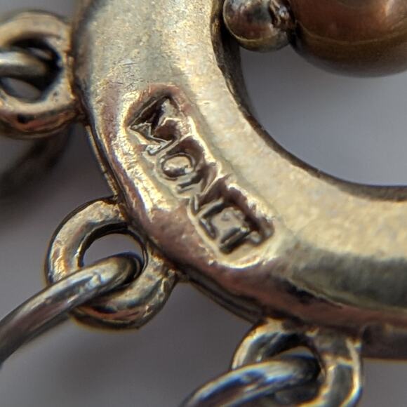 Vintage MONET Faux Pearl Rhinestone Chandelier Dangle Drop Earrings Bronze Tone - Picture 6 of 6